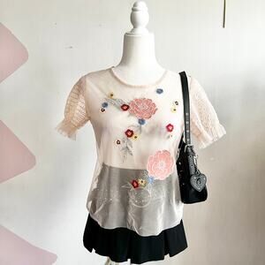 Pink Embroidered Mesh Top, Sheer Floral, Y2K, Fairycore, Coquette, Medium